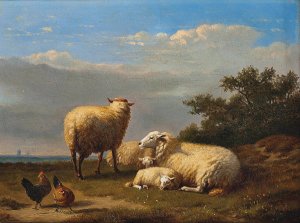 Sheep and poultry in pasture by Eugene Joseph Verboeckhoven Oil Painting