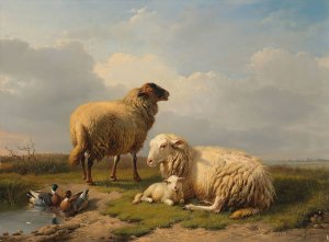 Sheep, Lamb and Ducks by a pond by Eugene Joseph Verboeckhoven Oil Painting