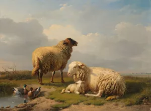 Sheep, Lamb and Ducks by a pond by Eugene Joseph Verboeckhoven Oil Painting