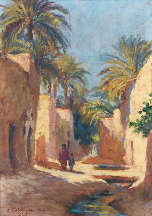 A Street In Biskra  Oil painting by Eugene-Jules Delahogue