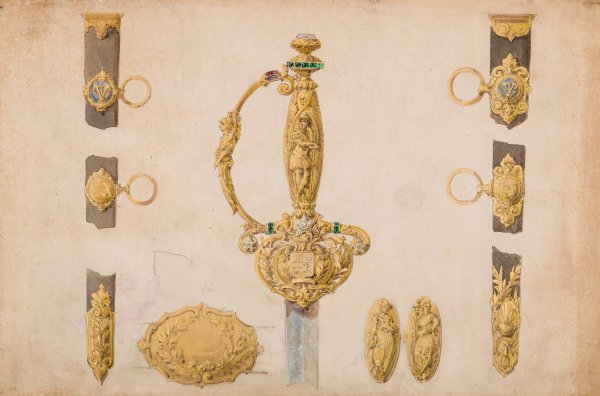 Design for a Sword Hilt, Scabbard, and Belt Fittings  by Eugene Julienne - Hand-Painted Oil Painting Reproduction