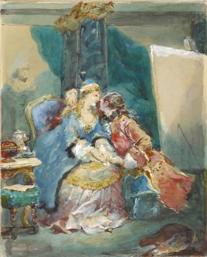 A Couple Embracing in an Artist's Studio by Eugene Lami Oil Painting
