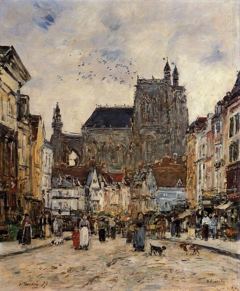Abbeville, Street and the Church of Saint-Vulfran by Eugene-Louis Boudin - Hand-Painted Oil Painting Reproduction