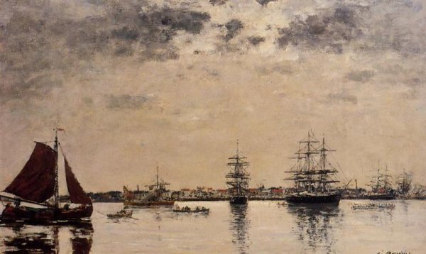 Anvers, Boats on the River Scheldt by Eugene-Louis Boudin - Hand-Painted Oil Painting Reproduction