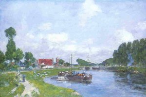 Barges on the Canal, Saint-Valery-sur-Somme by Eugene-Louis Boudin Oil Painting