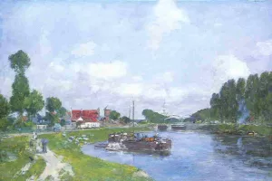 Barges on the Canal, Saint-Valery-sur-Somme by Eugene-Louis Boudin - Oil Painting Reproduction