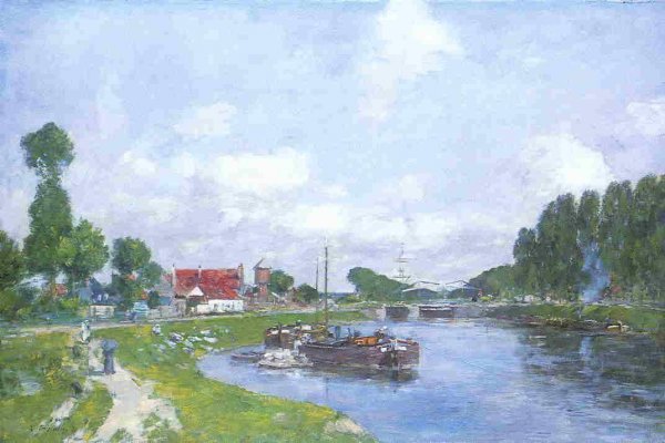 Barges on the Canal, Saint-Valery-sur-Somme by Eugene-Louis Boudin - Hand-Painted Oil Painting Reproduction
