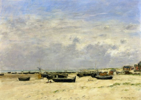 Berck, Boats Aground on the Beach by Eugene-Louis Boudin - Hand-Painted Oil Painting Reproduction