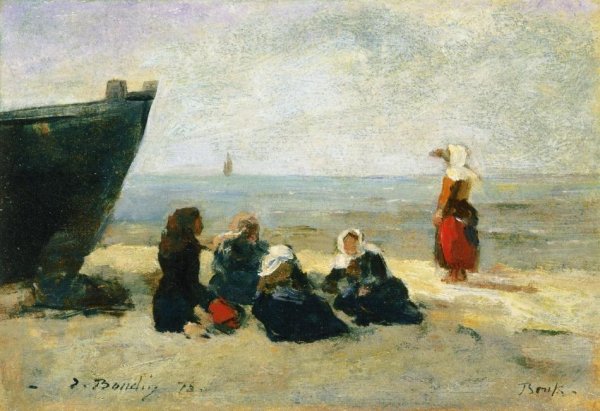 Berck, Fisherwomen Looking for the Return of the Boats by Eugene-Louis Boudin - Hand-Painted Oil Painting Reproduction