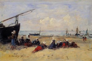 Berck, Fisherwomen on the Beach, Low Tide by Eugene-Louis Boudin Oil Painting