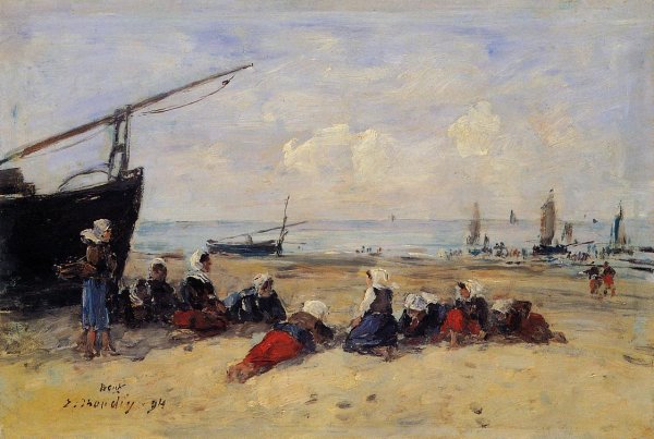 Berck, Fisherwomen on the Beach, Low Tide by Eugene-Louis Boudin - Hand-Painted Oil Painting Reproduction
