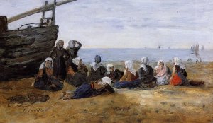 Berck, Group of Fishwomen Seated on the Beach by Eugene-Louis Boudin Oil Painting