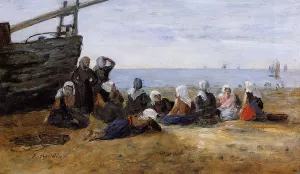 Berck, Group of Fishwomen Seated on the Beach by Eugene-Louis Boudin - Oil Painting Reproduction