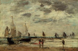 Berck, Jetty and Sailing Boats at Low Tide by Eugene-Louis Boudin Oil Painting