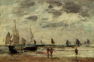 Berck, Jetty and Sailing Boats at Low Tide by Eugene-Louis Boudin Oil Painting