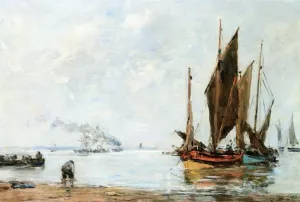Boats At Anchor Along the Shore by Eugene-Louis Boudin - Oil Painting Reproduction