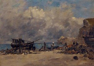 Boats at Etretat by Eugene-Louis Boudin Oil Painting