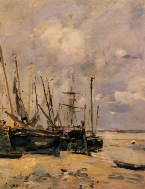 Boats at the Beach at Low Tide by Eugene-Louis Boudin Oil Painting