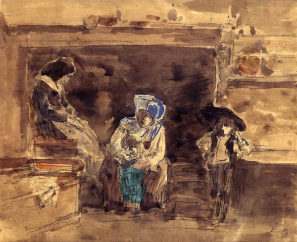 Breton Family by the Fireplace by Eugene-Louis Boudin - Hand-Painted Oil Painting Reproduction