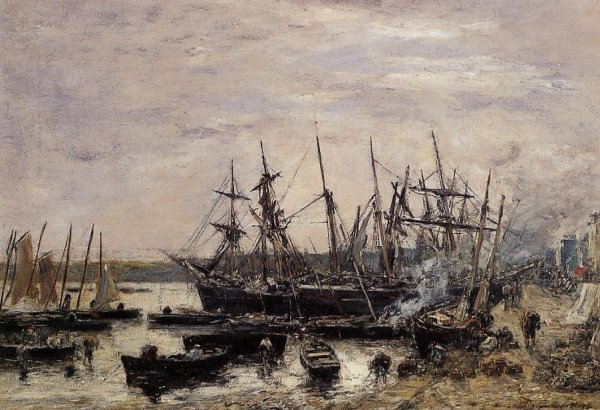 Camaret, Fishing Boats at Dock by Eugene-Louis Boudin - Hand-Painted Oil Painting Reproduction