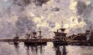 Camaret, Three Masters Anchored in the Harbor by Eugene-Louis Boudin - Oil Painting Reproduction
