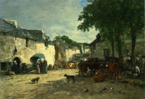 Cattle Market at Daoulas, Brittany by Eugene-Louis Boudin Oil Painting