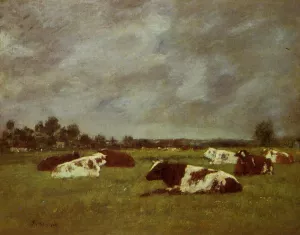 Cows in a Meadow, Morning Effect painting by Eugene-Louis Boudin