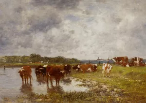 Cows in a Meadow on the Banks of the Toques by Eugene-Louis Boudin - Oil Painting Reproduction