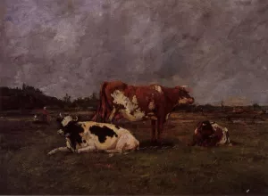 Cows in Pasture by Eugene-Louis Boudin Oil Painting