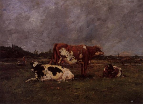 Cows in Pasture by Eugene-Louis Boudin - Hand-Painted Oil Painting Reproduction
