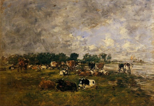 Cows in the Fields by Eugene-Louis Boudin - Hand-Painted Oil Painting Reproduction