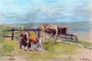 Cows on a Cliff at Villerville by Eugene-Louis Boudin Oil Painting