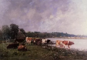 Cows on the Riverbanks of the Touques by Eugene-Louis Boudin Oil Painting