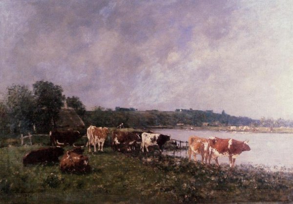 Cows on the Riverbanks of the Touques by Eugene-Louis Boudin - Hand-Painted Oil Painting Reproduction