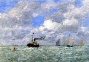 English Coal Ship in View of Trouville by Eugene-Louis Boudin Oil Painting