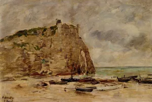 Etretat, Beached Boats and the Cliff of Aval by Eugene-Louis Boudin - Oil Painting Reproduction