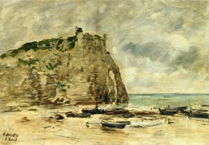 Etretat, Beached Boats and the Falaise d'Aval (study) by Eugene-Louis Boudin Oil Painting