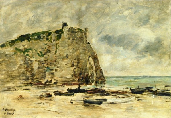 Etretat, Beached Boats and the Falaise d'Aval (study) by Eugene-Louis Boudin - Hand-Painted Oil Painting Reproduction