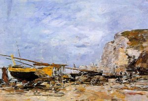 Etretat, Boats Stranded on the Beach by Eugene-Louis Boudin Oil Painting