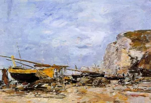 Etretat, Boats Stranded on the Beach painting by Eugene-Louis Boudin