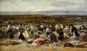 Etretat, Laundresses on the Beach, Low Tide by Eugene-Louis Boudin Oil Painting