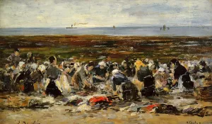 Etretat, Laundresses on the Beach, Low Tide by Eugene-Louis Boudin - Oil Painting Reproduction