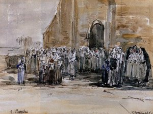 Exiting from Mass at Plougastel by Eugene-Louis Boudin Oil Painting
