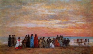 Figures on the Beach at Trouville by Eugene-Louis Boudin Oil Painting