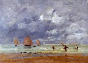 Fishermen and Sailboats near Trouville by Eugene-Louis Boudin - Oil Painting Reproduction