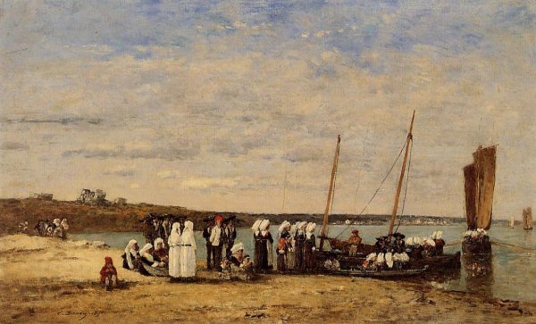 Main Product Photo of Fishermen of Kerhor Receiving a Blessing at Plougastel Painting by Eugene-Louis Boudin
