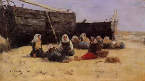 Fishwomen Seated on the Beach at Berck by Eugene-Louis Boudin - Oil Painting Reproduction