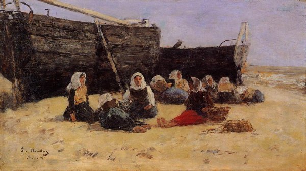 Fishwomen Seated on the Beach at Berck by Eugene-Louis Boudin - Hand-Painted Oil Painting Reproduction