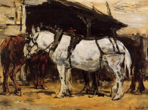 Harnessed Horses by Eugene-Louis Boudin Oil Painting