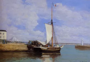 Honfleur, the Port, Docked Sailboat by Eugene-Louis Boudin - Oil Painting Reproduction